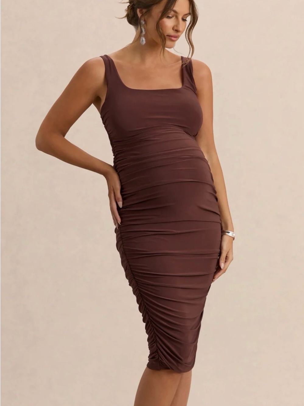 Club L London Lisbon Brown Maternity Square Neck Ruched Midi Dress